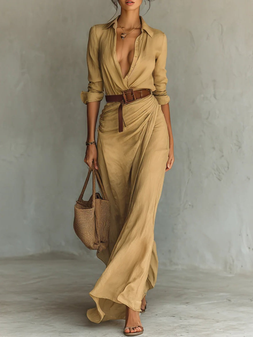 Maxi Jurk met Taille Ceintuur en Diepe V-hals