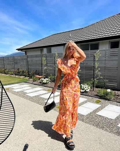 Camila – Aquarelprint Maxi Jurk met Volants