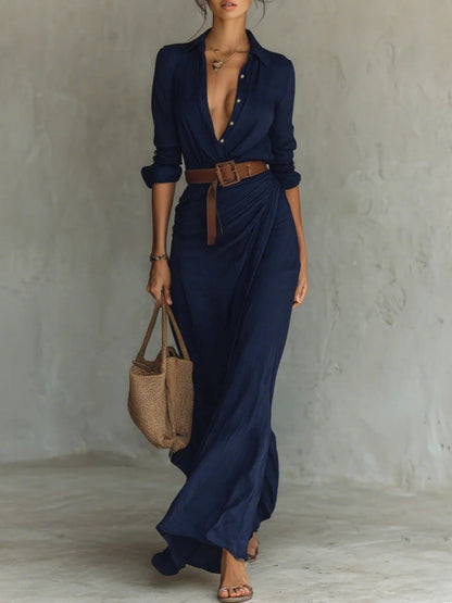 Maxi Jurk met Taille Ceintuur en Diepe V-hals