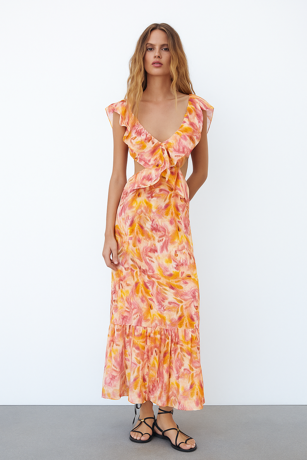 Camila – Aquarelprint Maxi Jurk met Volants