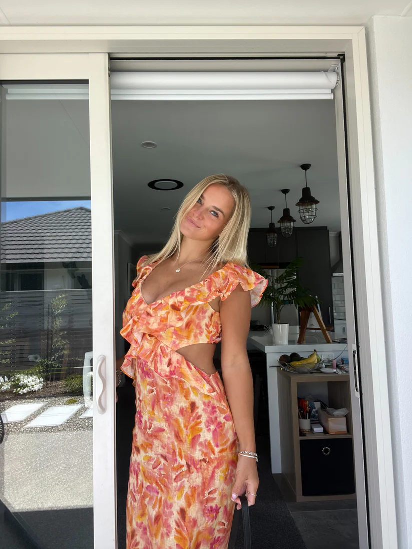 Camila – Aquarelprint Maxi Jurk met Volants