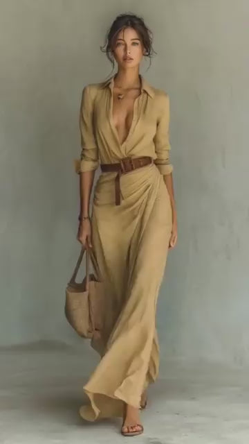 Maxi Jurk met Taille Ceintuur en Diepe V-hals